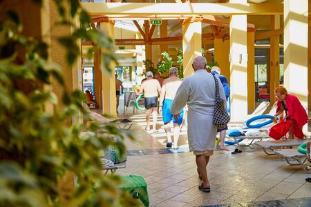 Heviz, Hungary - September 27, 2018: Hall and tourists inside the building on therapeutic lake Heviz in Hungary having hot water during all time of a yearのeditorial素材