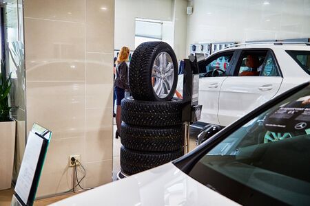 Kirov, Russia - May 07, 2019: Tyre in showroom of dealership Mercedes in Kirov in 2019のeditorial素材