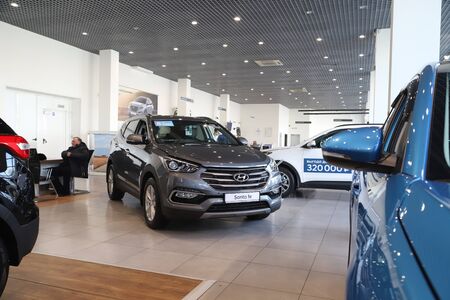 Nizhny Novgorod, Russia - March 14, 2018: Cars in showroom of dealership Hynday in Nizhny Novgorod city in 2018のeditorial素材