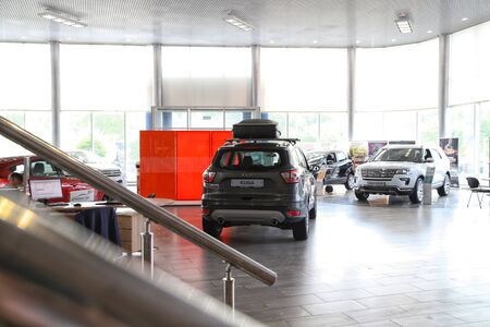 Kazan, Russia - May 27, 2018: Cars in showroom of dealership Ford in Kazan in 2018のeditorial素材