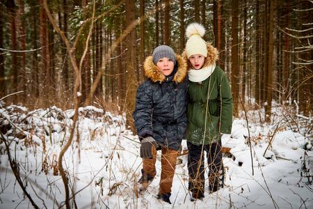 Children boy and girl walking in snow forest in a winter day. Teenagers having rest in weekend outdoor. People in warm dress during cold weatherの写真素材