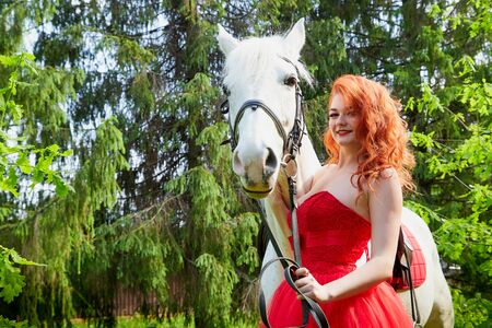 Portrait of a beautiful girl with red hair in a red dressy dress near with a white horse on a green nature in a Park or forest on a summer day.の写真素材
