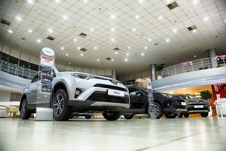Kazan, Russia - May 18, 2018: Cars in showroom of dealership Toyota in Kazan in 2018