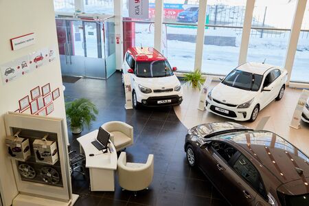 Kirov, Russia - March 07, 2019: Cars in showroom of dealership Kia in Kirov city in 2019. View from...