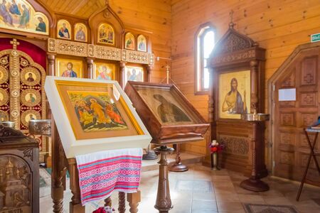 Dudutki, Belarus - September 13, 2018: Interior of the traditional Russian Orthodox Church. Icons on the walls of the iconostasis in the Orthodox religionのeditorial素材