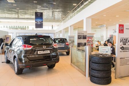 Nizhny Novgorod, Russia - March 14, 2018: Cars in showroom of dealership Nissan in Nizhny Novgorod...