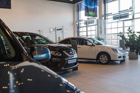 Nizhny Novgorod, Russia - March 14, 2018: Cars in showroom of dealership Nissan in Nizhny Novgorod city in 2018のeditorial素材