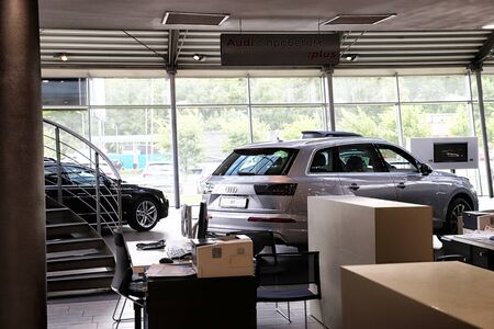 Kazan, Russia - May 27, 2018: Cars in showroom of dealership Audi in Kazan in 2018のeditorial素材