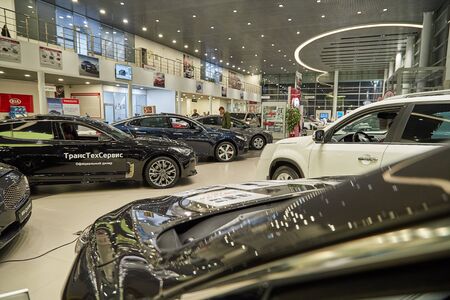 Kazan, Russia - October 16, 2018: Cars in showroom of dealership Kia in Kazan city in 2018のeditorial素材
