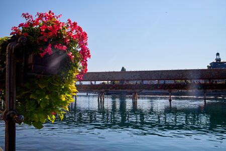 Lucerne, Switzerland - September 20, 2018: Wooden Chapel Bridge, Water Tower in the Old Town of Lucerne city in Switzerlandのeditorial素材