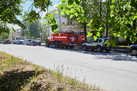 Vytegra, Russia - June 26, 2019: Street in provincial town Vytegra in Russia on a summer sunny day