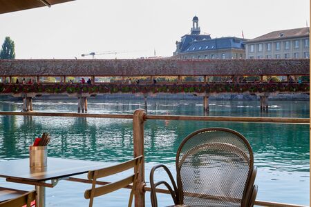 Lucerne, Switzerland - September 20, 2018: Wooden Chapel Bridge, Water Tower in the Old Town of Lucerne city in Switzerlandのeditorial素材