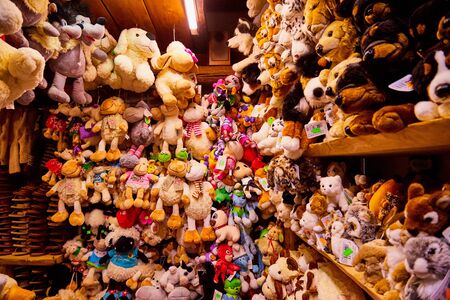 Poland, Zakopane - September 29, 2018: Many funny interesting european souvenirs inside of tourist marketのeditorial素材