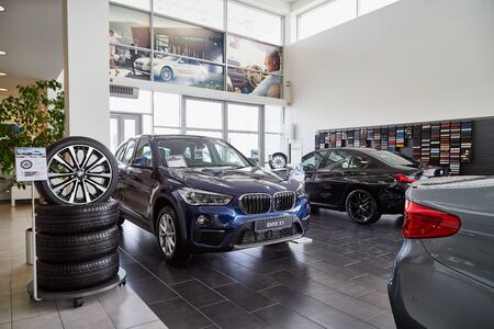 Petrozavodsk, Russia - June 19, 2019: Cars in showroom of dealership BMW in Petrozavodsk city in Russiaのeditorial素材