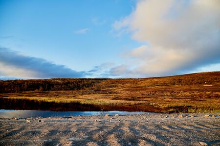 Tundra landscape with moss, glass and stouns in the north of Norway or Russia and blue sky with clouds in a summer, autumn or spring dayの写真素材