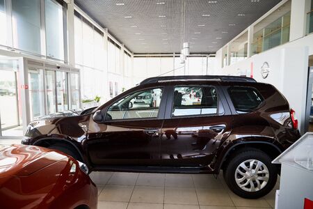 Vologda, Russia - June 18, 2019: Car in showroom of dealership Nissan in Vologda city in Russia