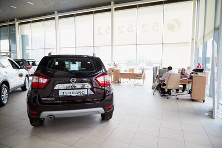 Vologda, Russia - June 18, 2019: Car in showroom of dealership Nissan in Vologda city in Russia