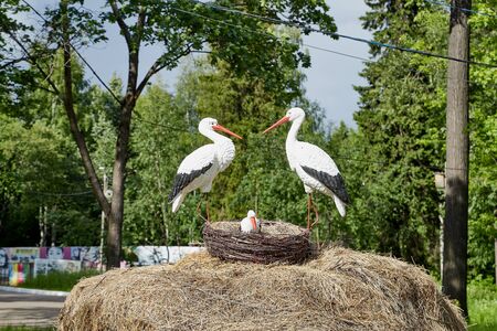 Slobodskoy, Russia - July 07, 2019: Sculpture of two storks at the nest at the summer Park and trees arroundのeditorial素材
