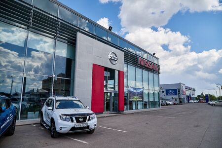 Vologda, Russia - June 18, 2019: Entrance in showroom with cars of dealership Nissan in Vologda city in Russiaのeditorial素材