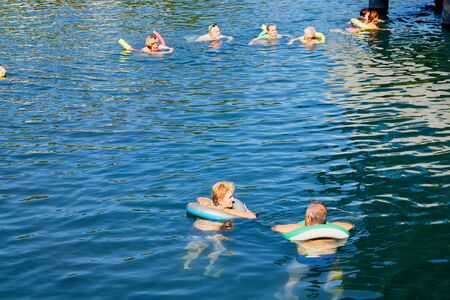 Heviz, Hungary - September 27, 2018: People on a warm water of therapeutic lake Heviz in Hungary in...