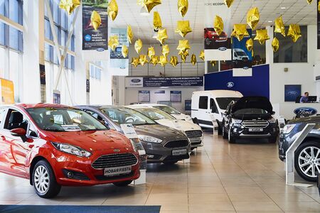 Murmansk, Russia - June 21, 2019: Cars in showroom of dealership Ford in Murmansk city in Russiaのeditorial素材