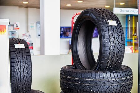 Kirov, Russia - May 07, 2019: Tyre in showroom of dealership Nissan in Kirov in 2019のeditorial素材