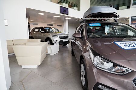 Petrozavodsk, Russia - June 21, 2019: Car in showroom of dealership Hyundai in Petrozavodsk city in...