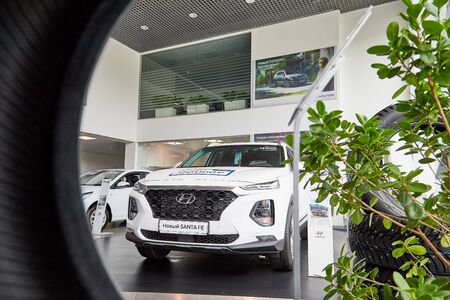 Petrozavodsk, Russia - June 21, 2019: Car in showroom of dealership Hyundai in Petrozavodsk city in...