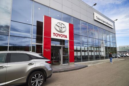 Murmansk, Russia - June 21, 2019: Cars in showroom with cars of dealership Toyota in Murmansk city in Russiaのeditorial素材