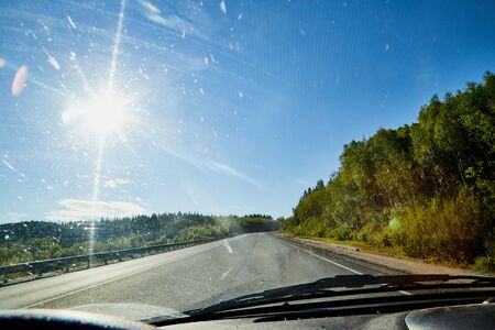 Glare on the car front window and view on nature landscape with road and trees in summer day