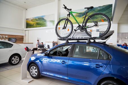 Petrozavodsk, Russia - June 19, 2019: Car in showroom of dealership Skoda in Petrozavodsk city in...