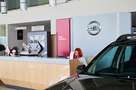 Vologda, Russia - June 18, 2019: Reception in showroom of dealership Nissan in Vologda city in Russiaのeditorial素材