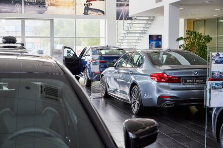 Petrozavodsk, Russia - June 19, 2019: Cars in showroom of dealership BMW in Petrozavodsk city in Russiaのeditorial素材