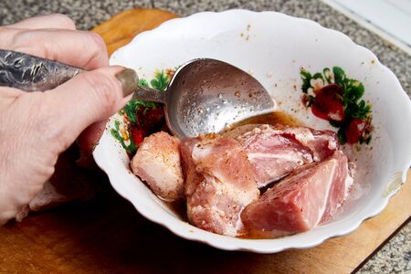 Cooking. A pieces of raw meat for cooking on the table on the plate on cutting board and woman hand indoorsの写真素材