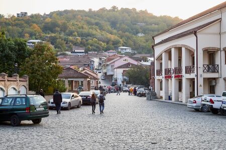 Batumi, Georgia - October 20, 2019: Street of city of love Sirtaki with houses on a summer or autumn...
