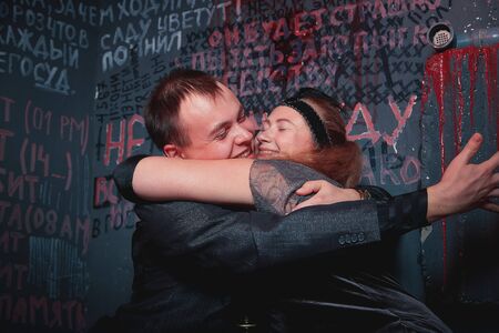 Kirov, Russia - October 05, 2019: Couple including girl and guy in a prison cell during a date....