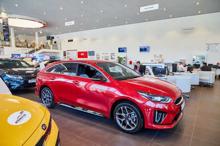 Vologda, Russia - June 18, 2019: Cars in showroom of dealership KIA in Vologda city in Russia