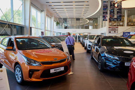 Vologda, Russia - June 18, 2019: Cars in showroom of dealership KIA in Vologda city in Russiaのeditorial素材