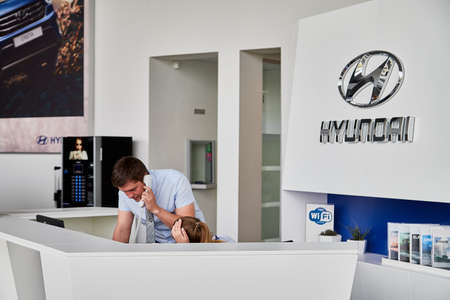 Petrozavodsk, Russia - June 21, 2019: Reception in showroom with cars of dealership Hyundai in Petrozavodsk city in Russiaのeditorial素材