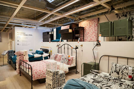 Kazan, Russia - December 22, 2019: Interior of large IKEA store with a wide range of products in...