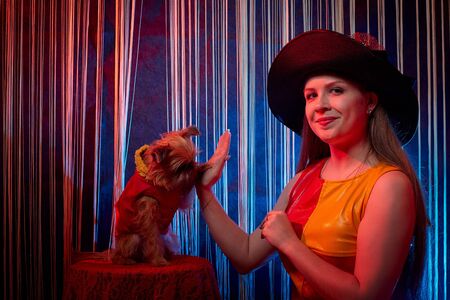 Beautiful girl model training a small dog on the theater stage. Photo shoot in the red circus style
