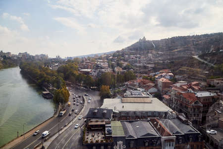 Tbilisi, Georgia - October 21, 2019: Top view on the old part of the city Tbilisi with river in Georgia in a summer or autumn dayのeditorial素材