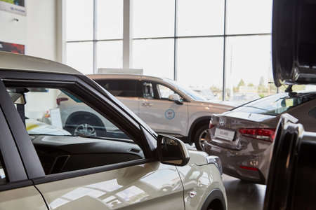 Petrozavodsk, Russia - June 21, 2019: Cars in showroom of dealership Hyundai in Petrozavodsk city in Russiaのeditorial素材