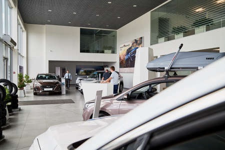 Petrozavodsk, Russia - June 21, 2019: Reception in showroom with cars of dealership Hyundai in...