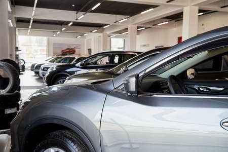 Petrozavodsk, Russia - June 19, 2019: Cars in showroom of dealership Nissan in Petrozavodsk city in...