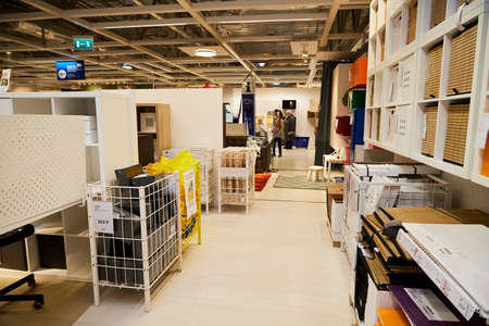 Kazan, Russia - December 22, 2019: Interior in hall of large IKEA store with a wide range of products and people in it in Russiaのeditorial素材