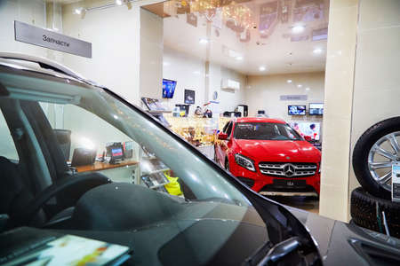Kirov, Russia - May 07, 2019: Cars in showroom of dealership Mercedes in Kirov in 2019