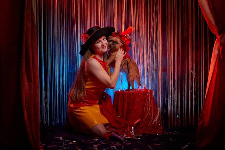 Beautiful girl model training a small dog on the theater stage. Photo shoot in the red circus styleの写真素材