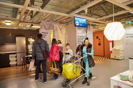 Kazan, Russia - December 22, 2019: Interior in hall of large IKEA store with a wide range of products and people in it in Russiaのeditorial素材