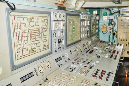 Murmansk, Russia - June 21, 2019: Interior in the historical Museum of the ship. Control panelr in the first nuclear powered icebreaker Lenin in Murmanskのeditorial素材